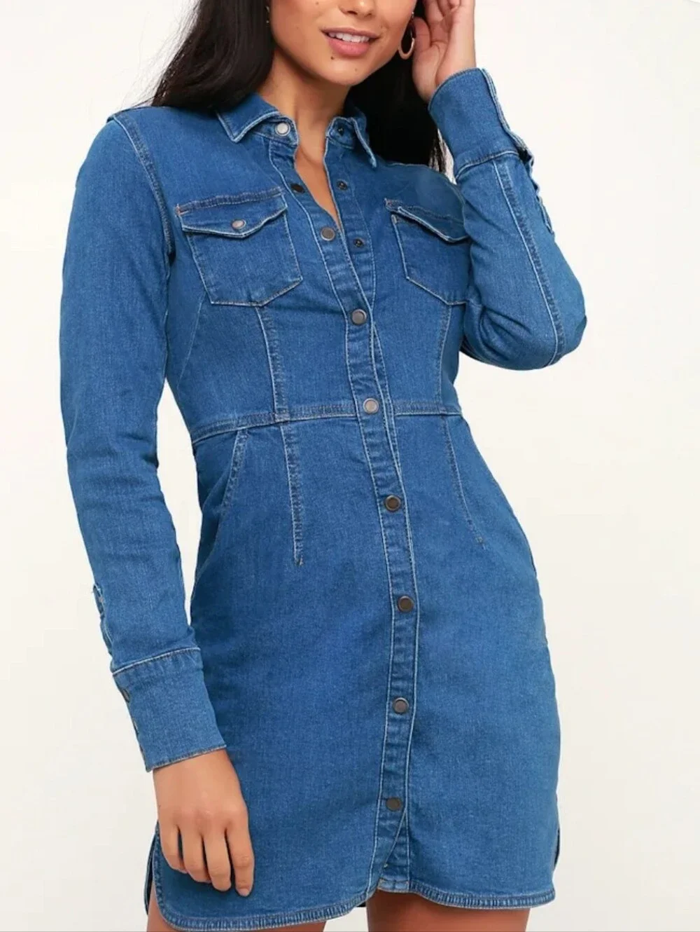 Free People Dynomite Denim Blue Mini Shirt Dress Women's Size Small Button Up